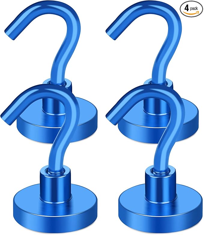 MIKEDE Magnetic Hooks Heavy Duty, 28LB+ Strong Magnets with Hook for Fridge, Neodymium Extra Strength Industrial Hooks for Hanging, Magnetic Hanger for Toolbox, Cruise, Grill(Blue,4 Pack)
