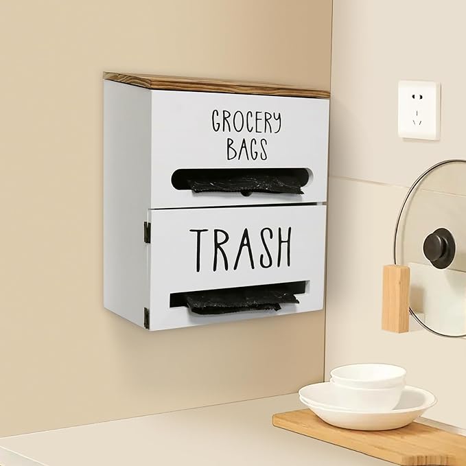 2 in 1 Trash Bag Dispenser, Double Wall Mounted,Wood Trash Bag Holder, used in kitchen, garage, laundry room, can store Environmentally friendly food bags and garbage bags (White)