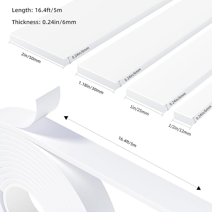 Weather Stripping Door Seal White,1/2Inch Wide X 1/4 Inch Thick,Air Conditioner Window Seal,Self Adhesive Foam Tape High Density Foam Sealing Strip,Soundproof Foam Tape Roll,Total 16.4 Feet Long