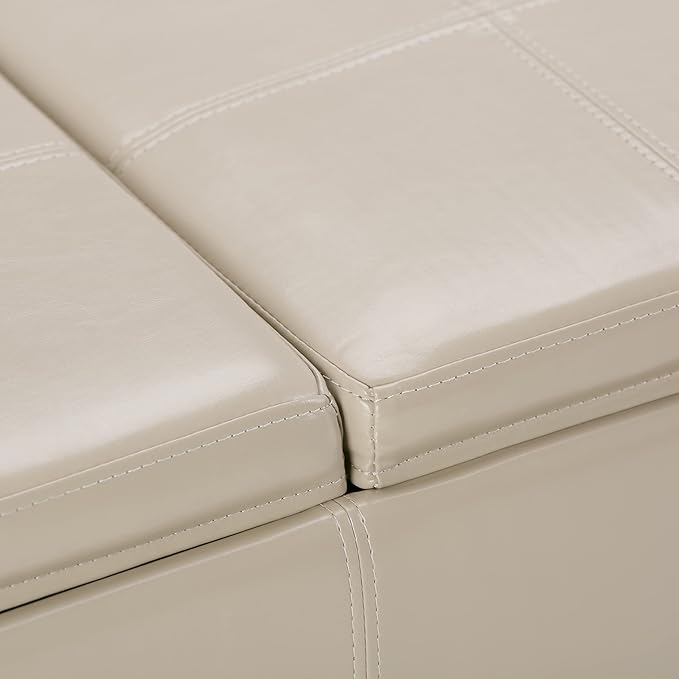 SIMPLIHOME Avalon 42 inch Wide Contemporary Rectangle Storage Ottoman in Satin Cream Vegan Faux Leather, Assembled, for the Living Room, Entryway and Family Room