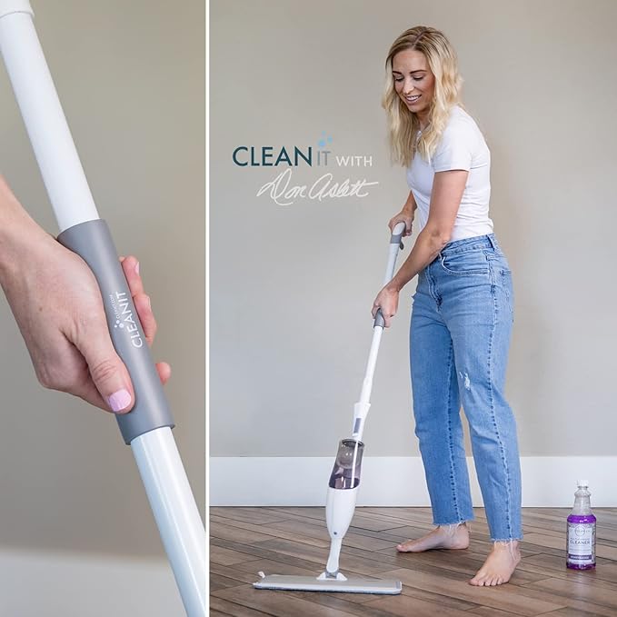 Don Aslett's Spray Mop Plus+ for Floor Cleaning| 360° Rotatable Head | Reusable Microfiber Pad | Rubber Scraper | Refillable Bottle | Suitable for All Floor Types Including Laminate, Hardwood, Tile