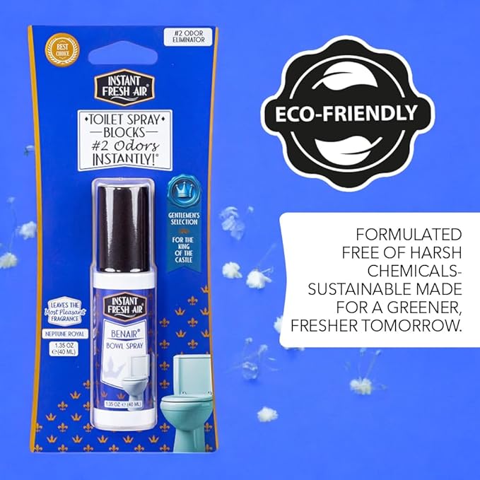 2-Pack: Superior Toilet Spray for Men with Instant Odor Elimination, Neptune Royal Fragrance, Odor Eliminator Bathroom Spray, Travel Size, Long-Lasting, Eco-Friendly, 1.35 Oz. - INSTANT FRESH AIR
