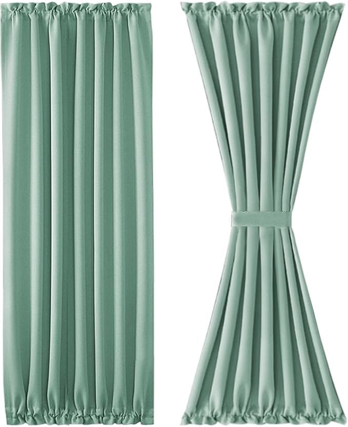 DWCN French Door Curtains – Rod Pocket Thermal Blackout Curtain for Doors with Glass Window, Kitchen and Patio Doors for Privacy, 54 X 72 Inches Long, 1 Curtain Panel with Tieback, Light Sage
