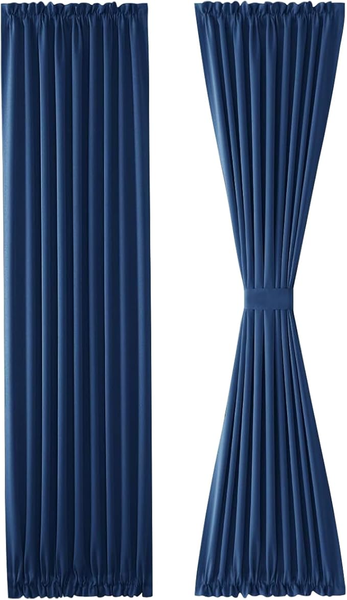 DWCN French Door Curtains – Rod Pocket Thermal Blackout Curtain for Doors with Glass Window, Kitchen and Patio Doors for Privacy, 23 X 72 Inches Long, 1 Curtain Panel with Tieback, Classic Blue