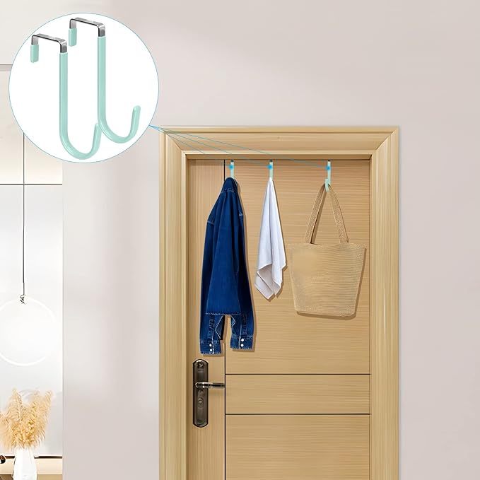 FYY Over The Door Hooks, 4 Pack Door Hangers Hooks with Rubber Prevent Scratches Heavy Duty Organizer Hooks for Living Room, Bathroom, Bedroom Hanging Clothes, Towels, Hats, Coats, Bags Green
