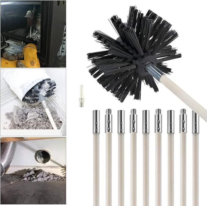 12 Feet Stove Pipe Clean Brush Extension Rods Flexible Fireplace Chimney Brush Stove Pipe Brush Rod Rotary Air Duct Dryer Vent Cleaner Rods Flue Brush Chimney Sweep Kit with Brush Head