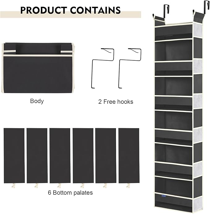 Over The Door Hanging Organizer 6-Shelves and 12 Side Pockets, Over The Door Storage Organizer, Back of Door Organizers for Baby Accessories and Children's Toys (13"x5"x54", Black)