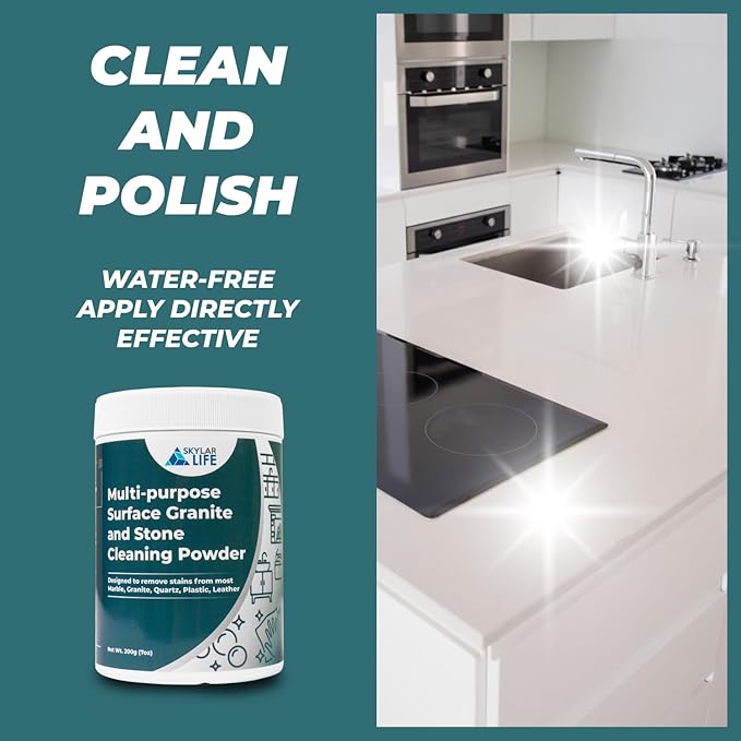 Skylarlife Multi-purpose Surface Stone Cleaning Powder (200g) to remove rust stain, yellowing, oil stains, from most marble, granite, quartz, concrete, countertop and other non-porous surface, remove adhesive spots and stains from boat and plastic and ...