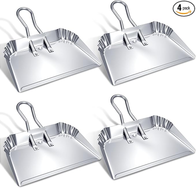 Mumufy 4 Pcs 16 Inch Heavy Duty Metal Dustpan Large Wide Dust Pans for Household Handheld Wide Scooper and Debris Cleaning Tool Ideal for Home and Commercial Use (Sliver)