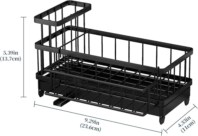 Consuemst Sponge Holder for Kitchen Sink - Auto Draining Sink Caddy Organizer with Detachable Rack, High Brush Holder, Kitchen Countertop Storage Accessories, Black