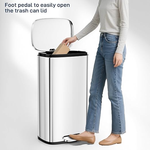 Arlopu 8 Gallon Step Trash Can, Stainless Steel Garbage Bin, Soft-Close Rubbish Bin with Removable Plastic Inner Bucket, Fingerprint-Proof, Lid Dustbin, Suit for Kitchen Home (Silver, 30L)