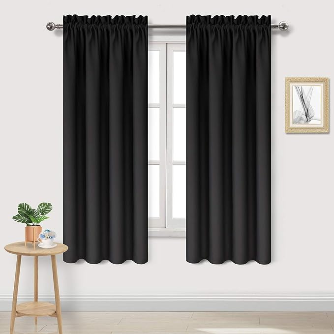 DWCN Black Room Darkening Blackout Curtains - Rod Pocket Thermal Insulated Privacy Energy Saving Window Curtain Drapes 42x 72 inch Length, Set of 2 Bedroom Living Room Curtains