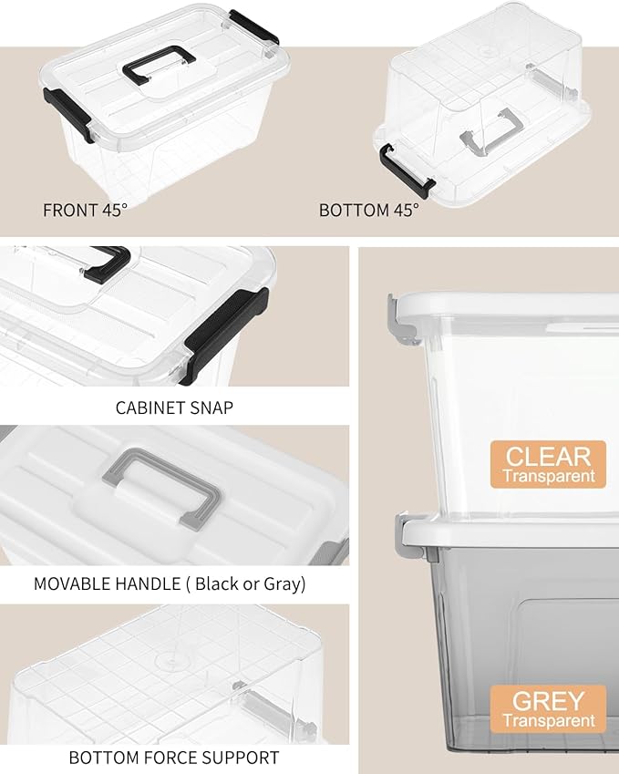 NUMIFUN Plastic Storage Bins with Lids 6 Pack Storage Organizer, 7 Quart Stackable Storage Bins with Buckle-Up Latches and Handle easy for Home Office Pantry Organization, Clear Lids