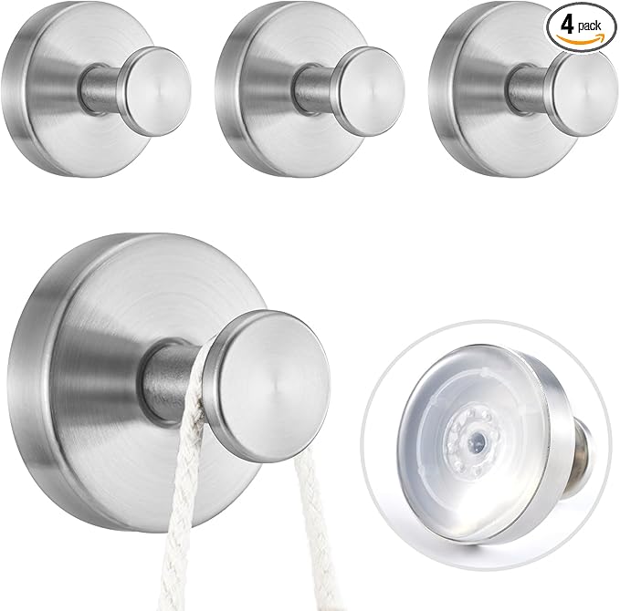 4 PCS Suction Cup Hooks for Shower, Stainless Steel No Drill Suction Towel Hooks, Reusable Sticky Silicone Suction Cup Base for Bathroom Wall, Glass, Mirror, Tile to Hang Loofahs, Robes (Silvery)