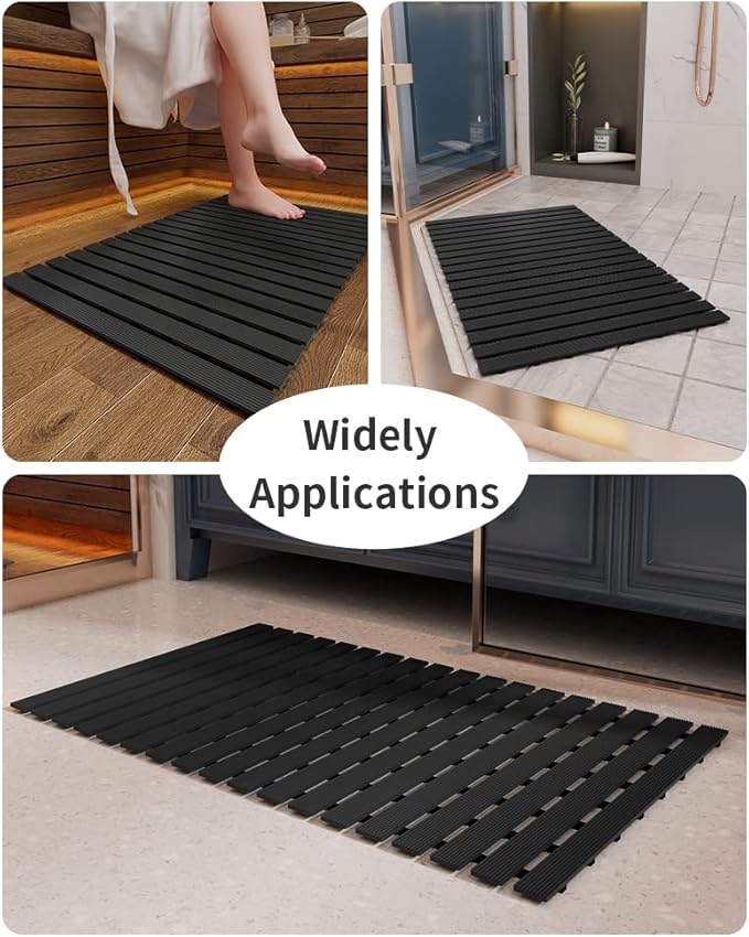 Shower-Mat Non Slip, PADOOR Heavy Duty Bathtub-Mat Curlable Quick Drain Sturdy Bath Tub Mat Without Suction Cups for Indoor Outdoor Use 17x26 Inch Black