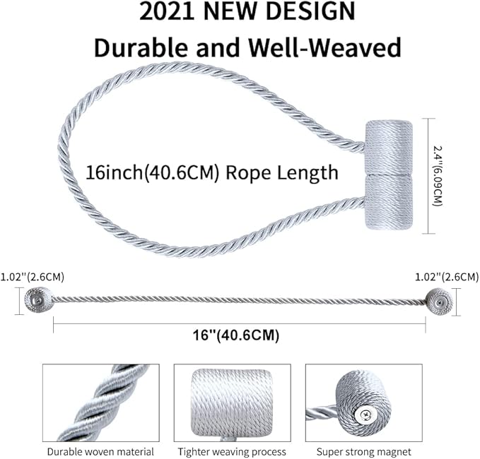 18 Inch Strong Magnetic Curtain Tiebacks, Curtain Holdbacks Modern Upgrade Strong 2021 New Twisted Style Decorative Drapery Rope Tie Backs(2 Pack Silver Grey)