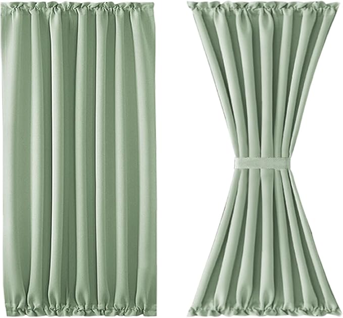 DWCN French Door Curtains – Rod Pocket Thermal Blackout Curtain for Doors with Glass Window, Kitchen and Patio Doors for Privacy, 54 X 40 Inches Long, 1 Curtain Panel with Tieback,Bean Green