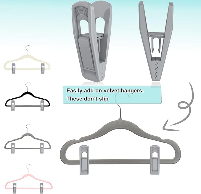 Hanger Clips Perfect for Velvet Hangers (Grey, 20 PCS), Strong Plastic Clips Pant Skirt Hanger Clips for Grey Flocking Felt Hangers