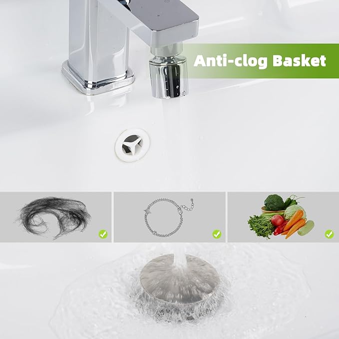 Universal 2PCS Bathroom Sink Stopper 2 in 1 Pop Up Metal Sink Drain Strainer with Hair Catcher, Fit for 1.1~2.36" Sink Basin Hole, Big Cover Cap, Anti-clog, Brushed Nickel