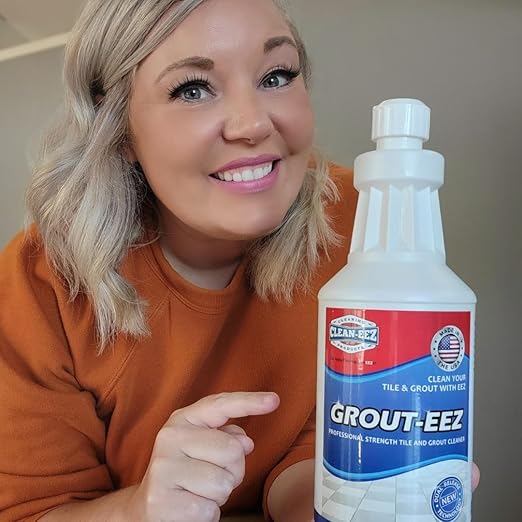 Clean-eez Grout-eez Tile Cleaner with Handheld Brush – 32 oz Heavy-Duty Stain Remover for Ceramic and Porcelain Surfaces – Safe for Colored Grout – Not for Natural Stone – Bathroom & Kitchen Use