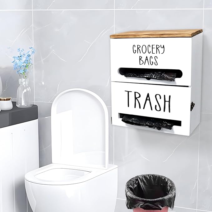 2 in 1 Trash Bag Dispenser, Double Wall Mounted,Wood Trash Bag Holder, used in kitchen, garage, laundry room, can store Environmentally friendly food bags and garbage bags (White)