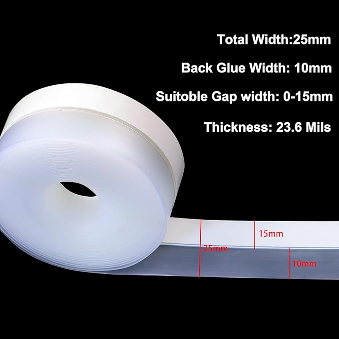 FOURGUN Silicone Weather Stripping Seal Door Tape 25 MM * 16.5FT Insulates Soundproofs Perfect for Door Frames Windows Bathroom Shower Glass Gaps Blocks Cold Air Rain