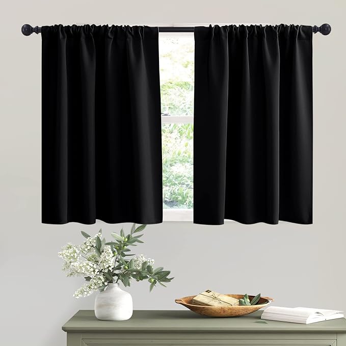 RYB HOME Black Curtains Blackout - Bathroom Small Window Curtains Thermal Insulated Privacy Drapes for Kids Bedroom Living Room Kitchen Basement, Width 42 by Length 36, 1 Pair