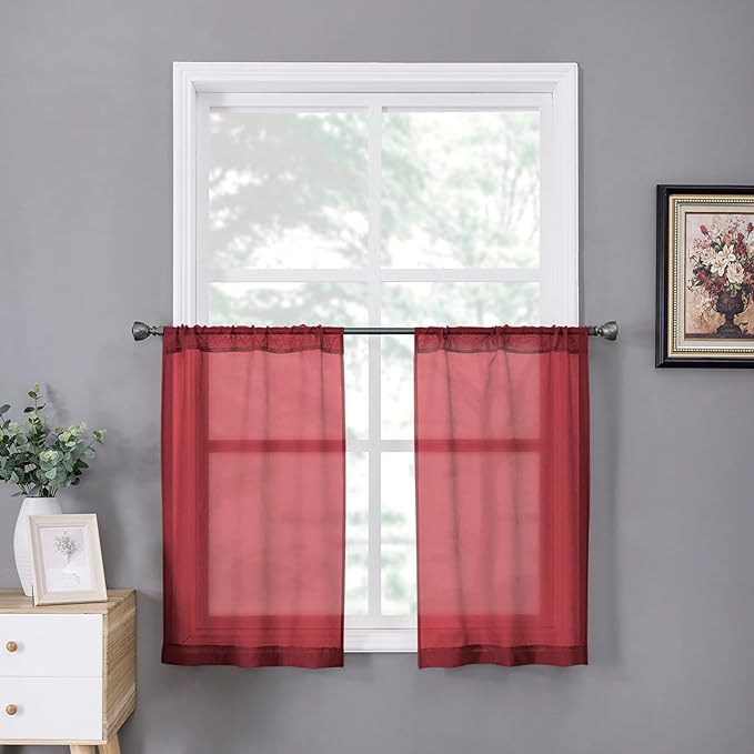 Tollpiz Short Sheer Tier Curtains Linen Textured Half Kitchen Curtain Sheers Light Filtering Rod Pocket Voile Small Curtain for Bathroom, 25 x 24 inches Long, Burgundy Red, Set of 2 Panels