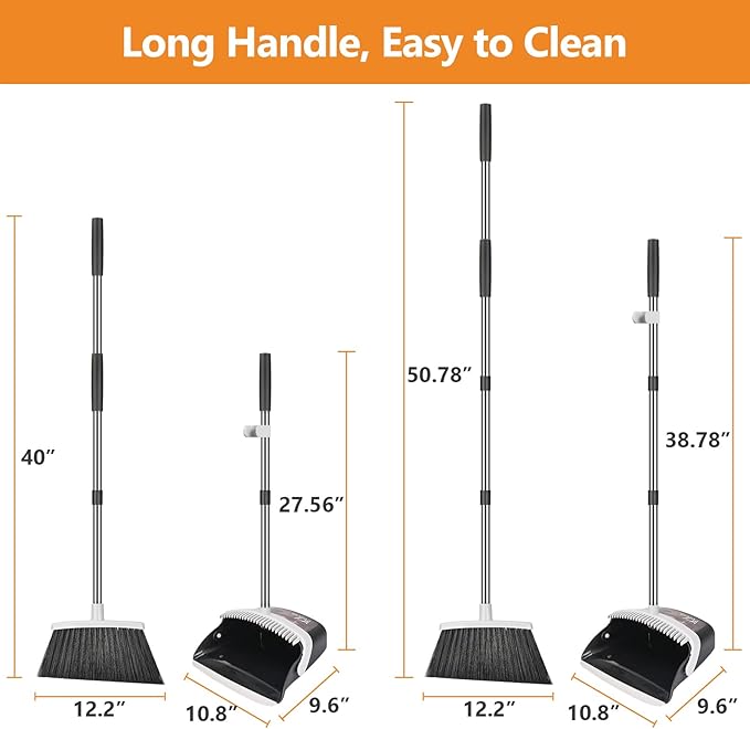 Broom and Dustpan Set, Heavy Duty Dust Pan with Long Handle 51 Inch Broom with Dustpan Combo Set Upright Self-Cleaning Dust Pan Home Kitchen Lobby Indoor Outdoor Sweeping Cleaning Tool - Gray