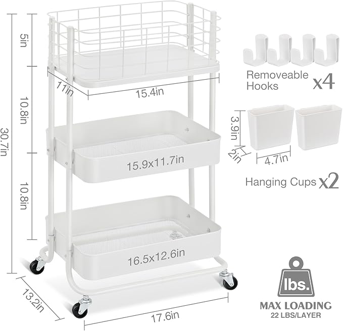 KINGRACK 3 Tier Rolling Cart, Metal Mobile Storage Shelf with Lockable Wheels, Prevent Falling Utility Trolley Cart, Storage Organizer for Kitchen, Office, Bathroom, Dorm, White