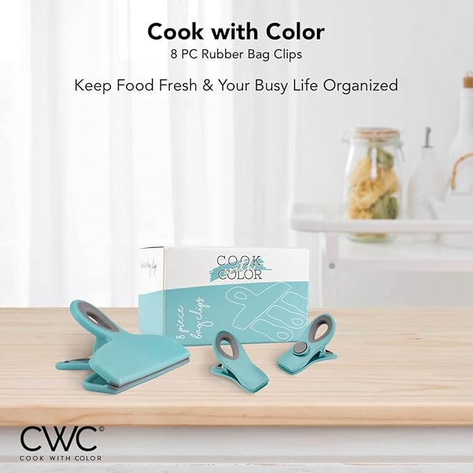 COOK WITH COLOR Bag Clips - Heavy Duty Chip Clip and Refrigerator Magnet Clips for Food Storage with Air Tight Seal Grip, Teal, Pack of 8