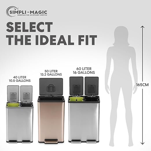 SIMPLI-MAGIC 13.2 Gallon (50L) Step Trash Can – Kitchen Garbage Can with Slow-Close Lid – Odor Control, Hands-Free, Easy to Clean, Brushed Stainless Steel (Rose Gold)