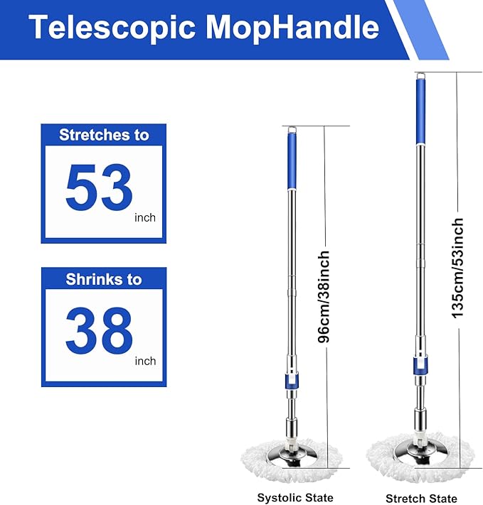 Replacement Handle for Swivel mop, 360° Swivel Adjustment, Reinforced Locking Telescopic Pole + 3 Reusable Microfiber mop Refills + 1 Stainless Steel Tray, Multi-Scenario mop Handle (Blue)