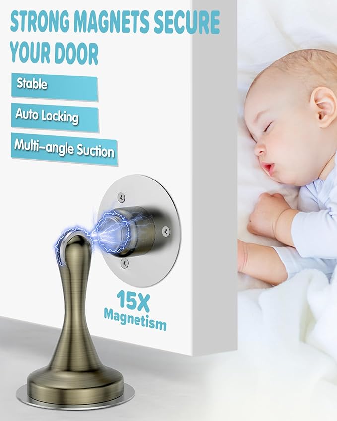 Door Stoppers Magnetic Door Catch - 2 Pack Stainless Steel Heavy Duty Door Stops for Bottom of Door, Wall & Floor Mounting No-Drill Strong Adhesive & Screws, Door Holder to Keep Door Open,Bronze
