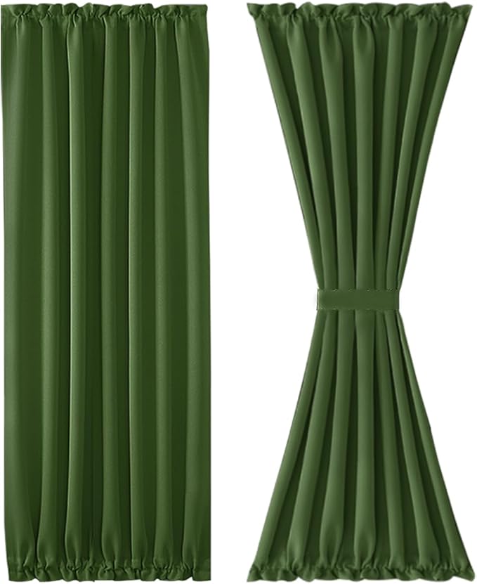 DWCN French Door Curtains – Rod Pocket Thermal Blackout Curtain for Doors with Glass Window, Kitchen and Patio Doors for Privacy, 54 X 72 Inches Long, 1 Curtain Panel with Tieback, Olive Green