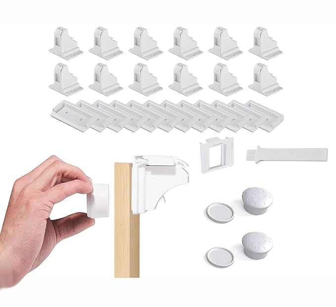 12 Pack Magnetic Cabinet Locks Baby Proofing, Child Proof Cabinet Locks, Child Safety Cupboard Drawers Latches - Adhesive Easy Installation
