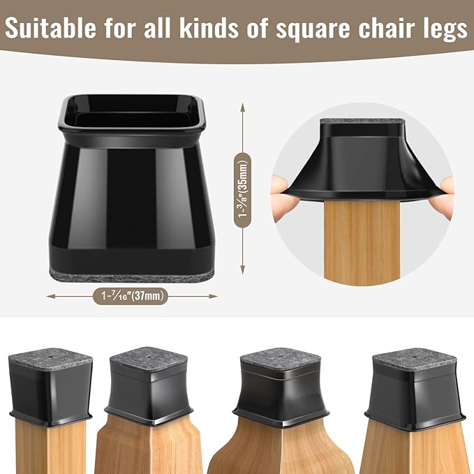 BUMACO Chair Leg Floor Protectors Square Chair Leg Protectors for Hardwood Floors 20Pcs Silicone Covers to Protect Floors Square (Black-L Fit 1-1/16" to 1-5/8")