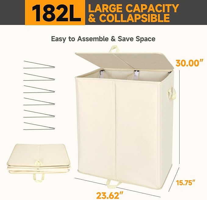 182L Oversized Laundry Hamper 2 Section with Lid and Removable Bags,Double Laundry Basket 30in Dirty Clothes Hamper 2 Dividers for Bedroom,Laundry Room,Bathroom,Dorm Beige White