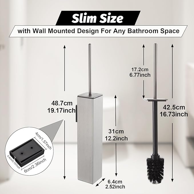 BGL Toilet Brush and Holder Set Brushed Nickel Wall Mounted for Bathroom Square Design