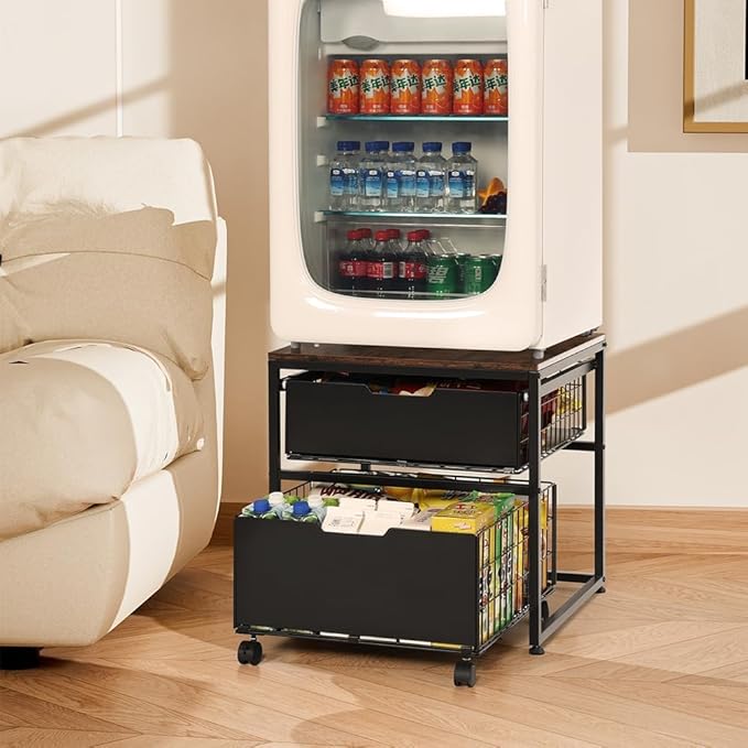 Mini Fridge Stand with Storage Drawer, 21.7”x21.7” Heavy Duty Mini Fridge Table with Wheels, Rolling Beverage Cart with Basket for Home, Office, Bedroom, Brown