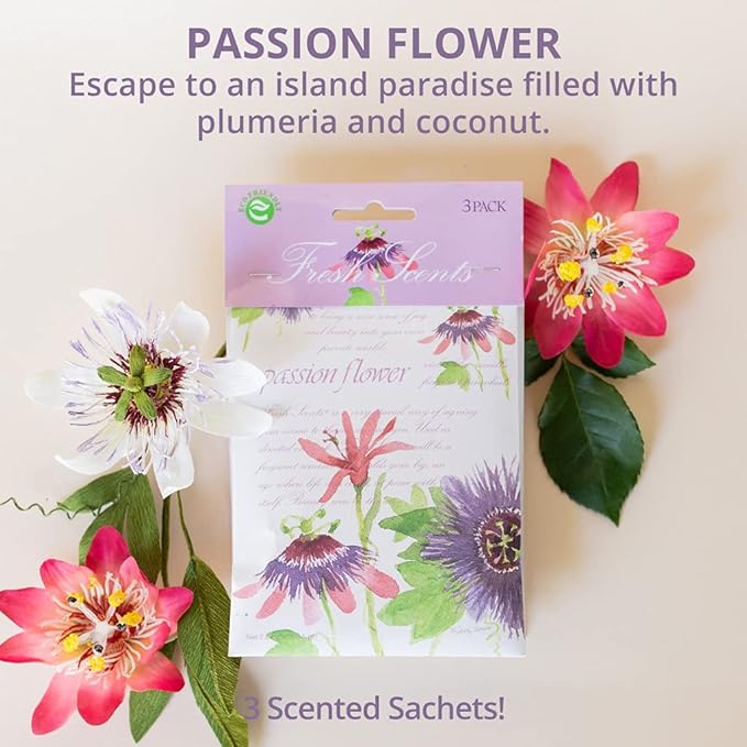 WILLOWBROOK | Fresh Scents Scented Sachet Packet | Passion Flower | Air Freshener Bags for Drawers, Closets, Cars | 6 Pack | Long Lasting Home Fragrance