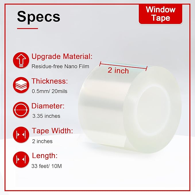 Window Sealing Tape 2 Inch x 33 FT Transparent Window Insulation Residue-Free Clear Weather Stripping Caulk Tape Windproof Window Seal for Window Glass, Doors Gaps