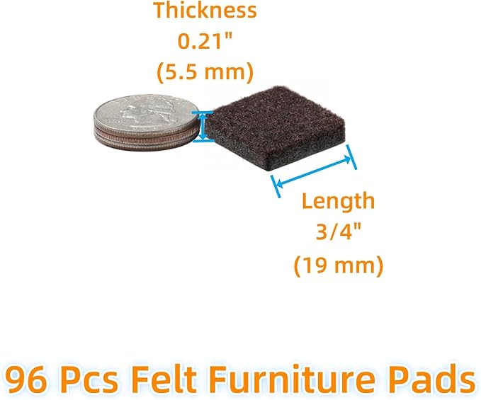Furnigear Felt Furniture Pads for Hardwood Floors - Self Adhesive Chair Felt Pad, Floor Protector for Furniture Feet, Furniture Sliders Moving Furniture Smoothly, Anti Scratch 96 Pcs 3/4" Square Brown
