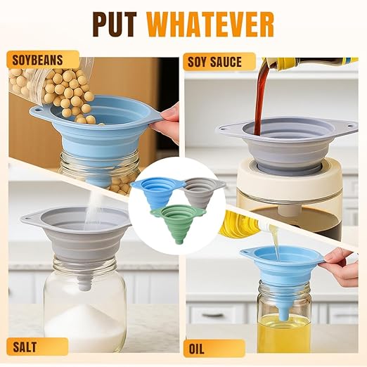 Kitchen Funnel Set 3 Pack, Collapsible Silicone Funnels for Filling Water Bottles & Small Bottles | Food-Grade, Easy Clean & Space-Saving (Green)