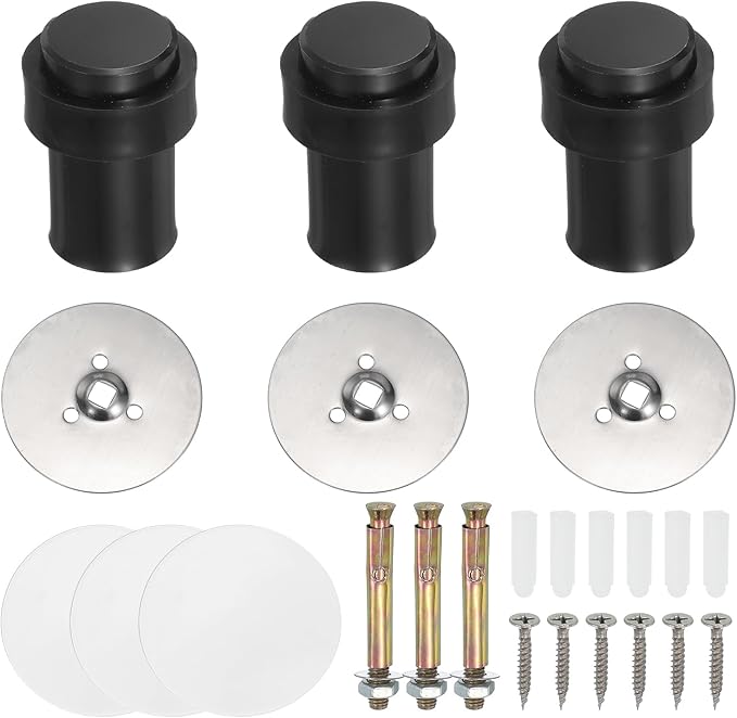 PATIKIL 3Set Round Door Stoppers, 60mm Stainless Steel Door Stop Doorstop Wedge Metal Cylinder Self Adhesive with Screw for Bottom of Door Floor Inside, Black