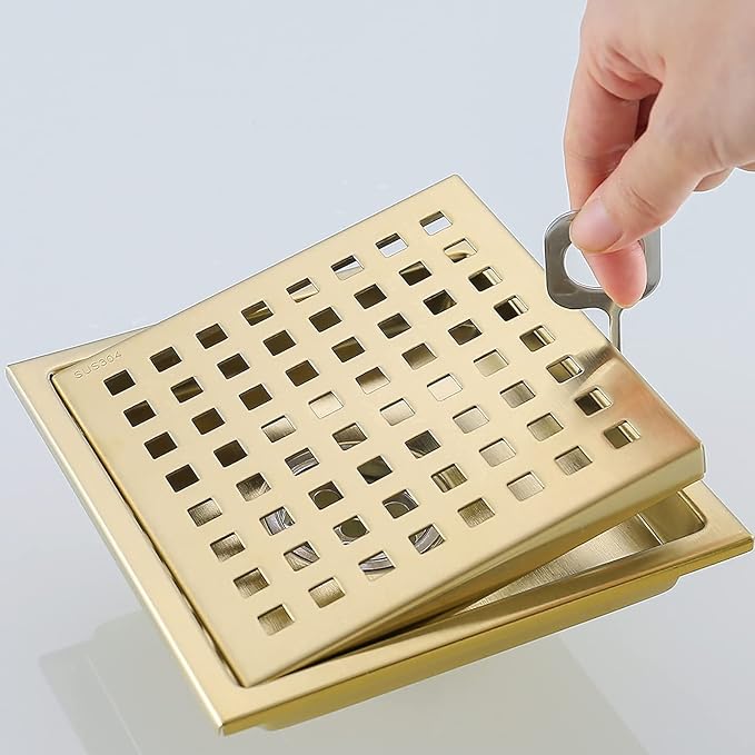 RANDOM Brushed Gold Shower Drain Square 6 Inch Shower Floor Drain with Grid Grate & Removable Hair Strainer 304 Stainless Steel Shower Drain Cover Bathroom Accessories.98738BG