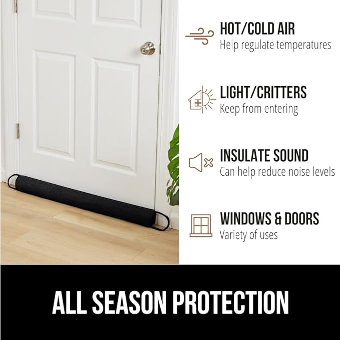 GORILLA GRIP Door Draft Stopper for Bottom of Doors, Weather Stripping Seal Blocks Hot Air, Noise, Bugs, Keeps Cold AC in, Sound Proofing Easy Install Gap Filler, Home Essentials, 38 Inch, Black