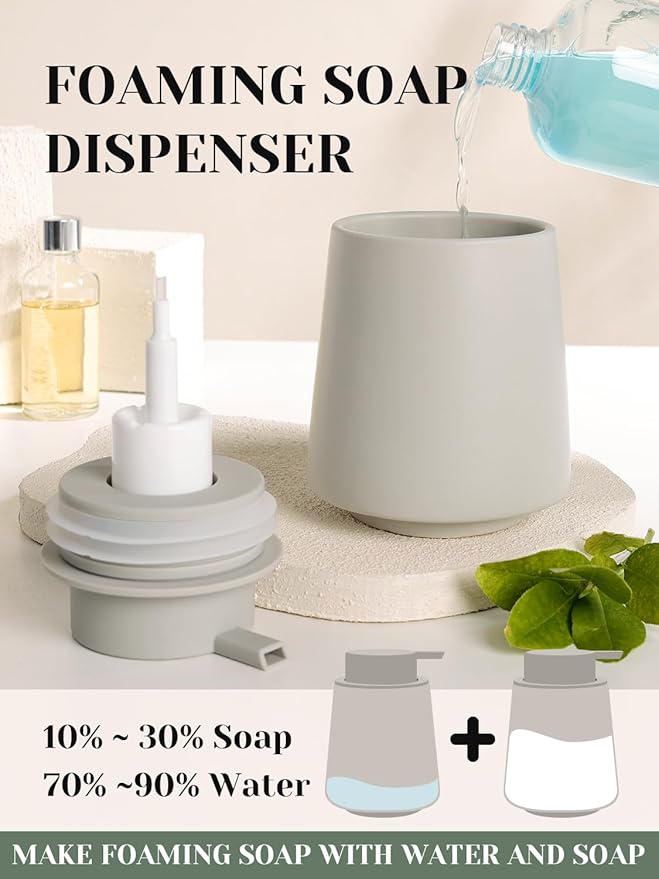 INGOFIN Ceramic Foaming Soap Dispenser -14 oz Foam Hand Soap Dispenser Bathroom, Modern Refillable Dish Wash Bottle for Kitchen with Large Pump, Matte Grey