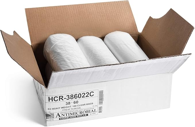 Aluf Plastics High Density Trash Bags, 60 Gallon, 150 Count, 22 Micron (eq), 38" x 60", Clear, for Bathroom, Office, Industrial, Commercial, Janitorial, Municipal, Recycling