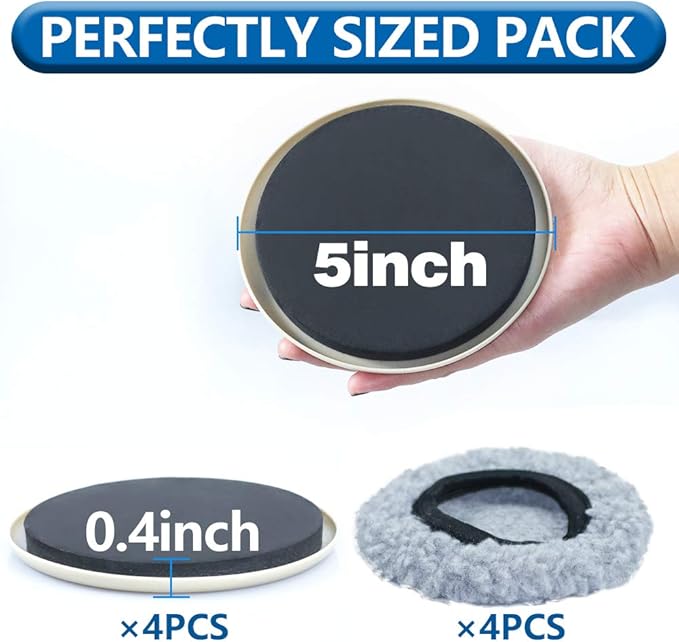 Furniture Sliders Multi-Surface 2-in-1 Reusable Moving Pads for All Floor Types - 4 Pack 5" Carpet Sliders and 4 Hardwood Socks - Protect Floor and Easier to Move Your Furniture